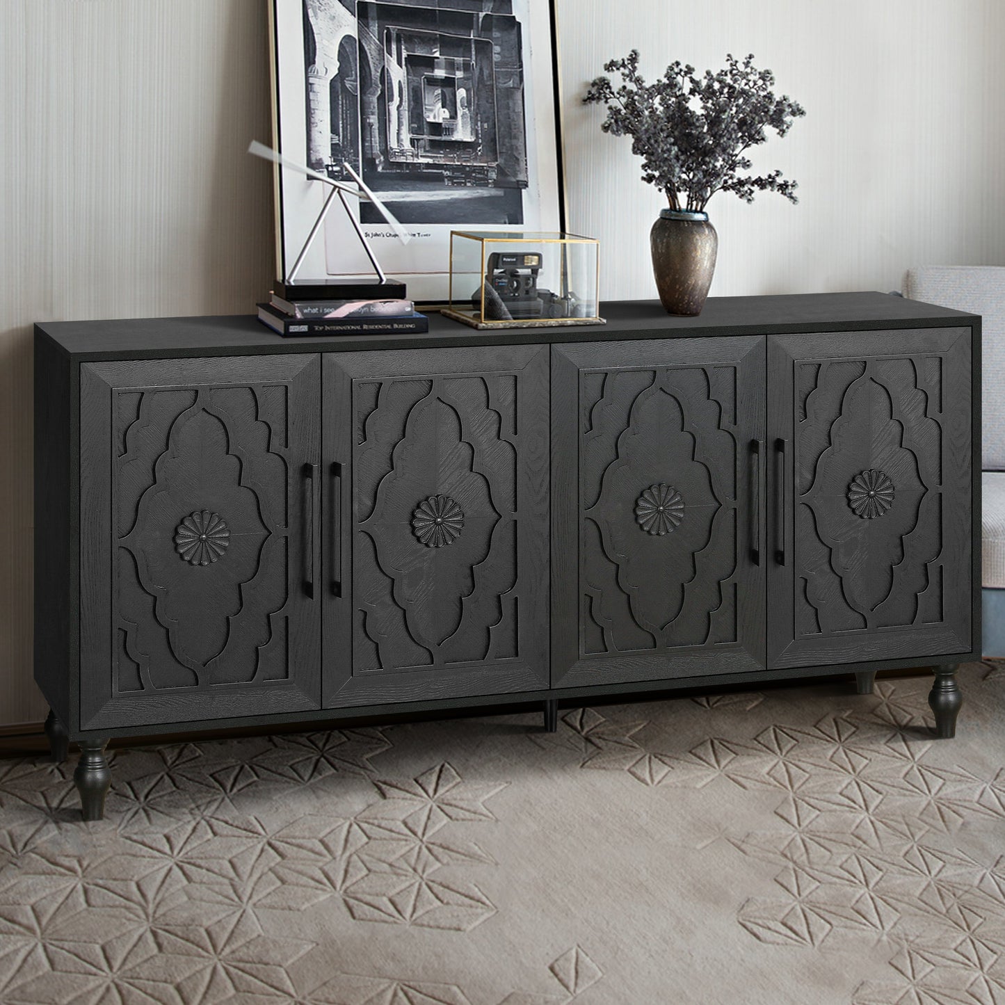 Carved Flower Door Large Storage Cabinet With Metal Handle