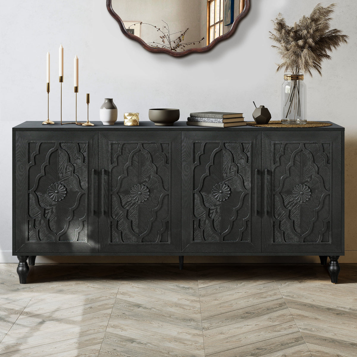 Carved Flower Door Large Storage Cabinet With Metal Handle