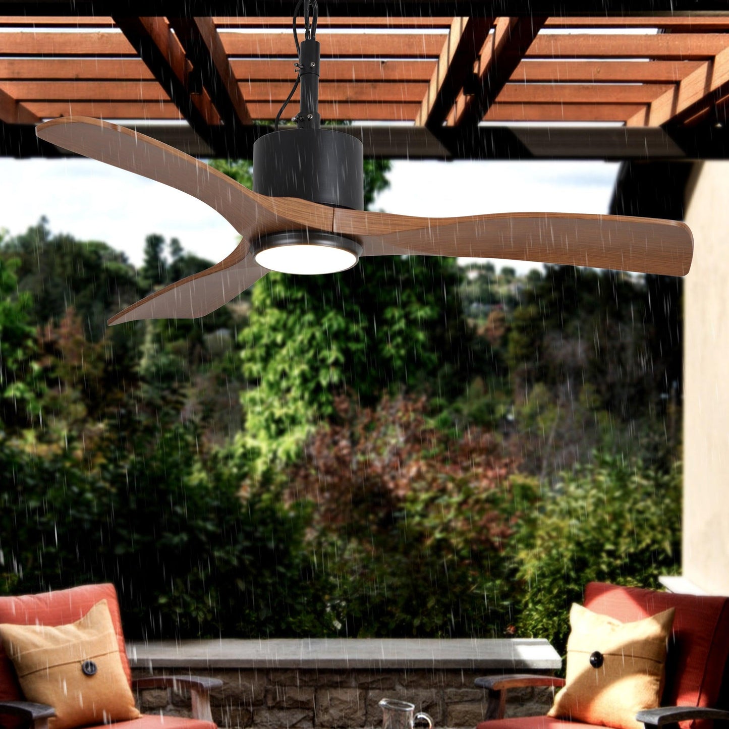 42 Inch Patio Guard IP65 Outdoor DC Motor Black Modern Hanging Buckle Downrod Ceiling Fan with Light