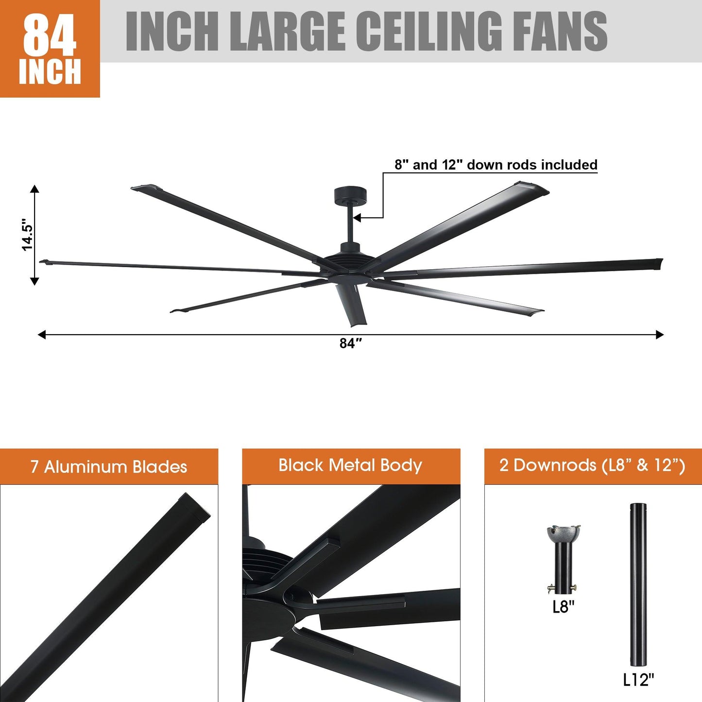 84 Inch 100 Inch Silent Storm Extra Large Ceiling Fan with Remote Control