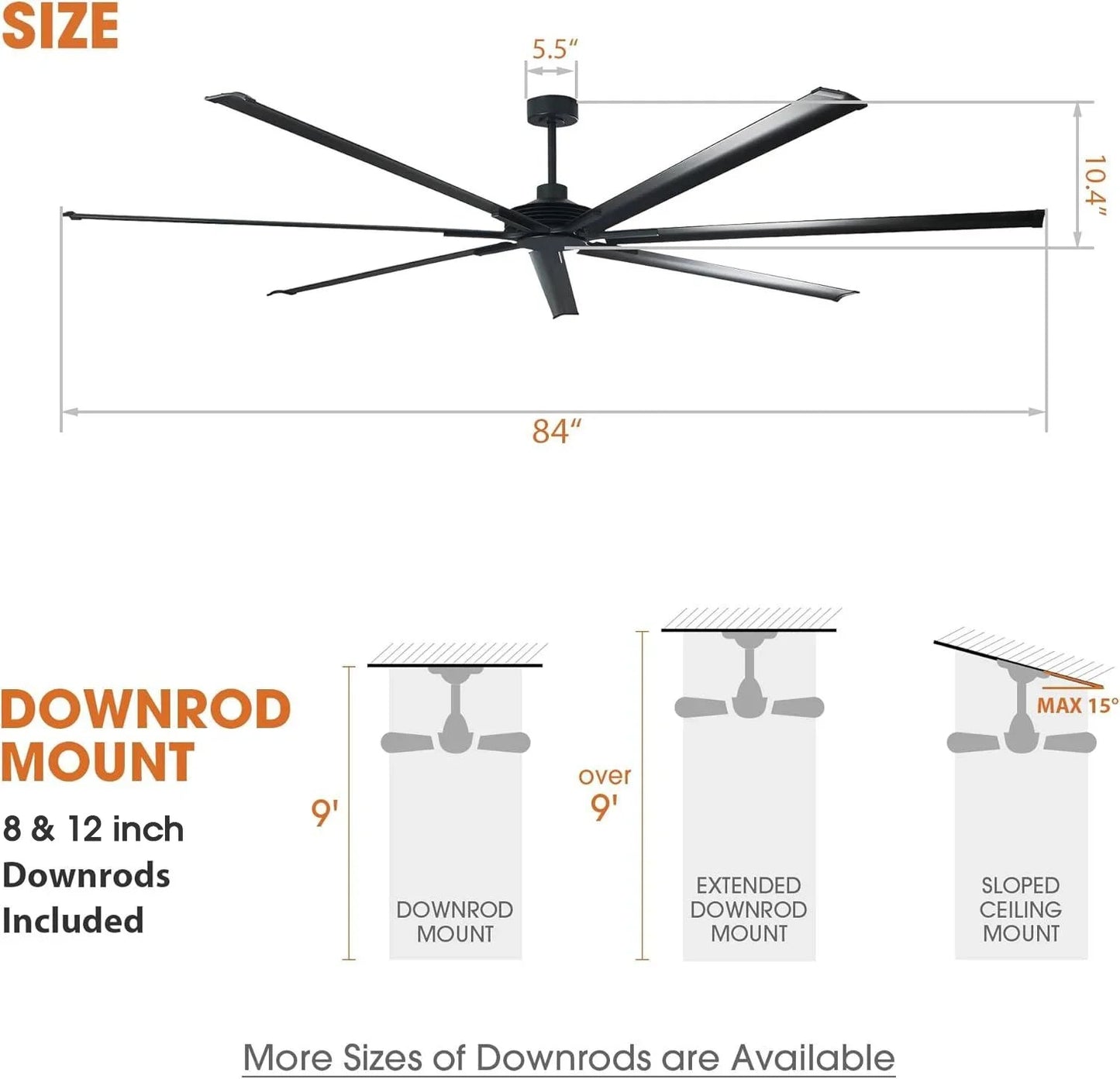 84 Inch 100 Inch Silent Storm Extra Large Ceiling Fan with Remote Control