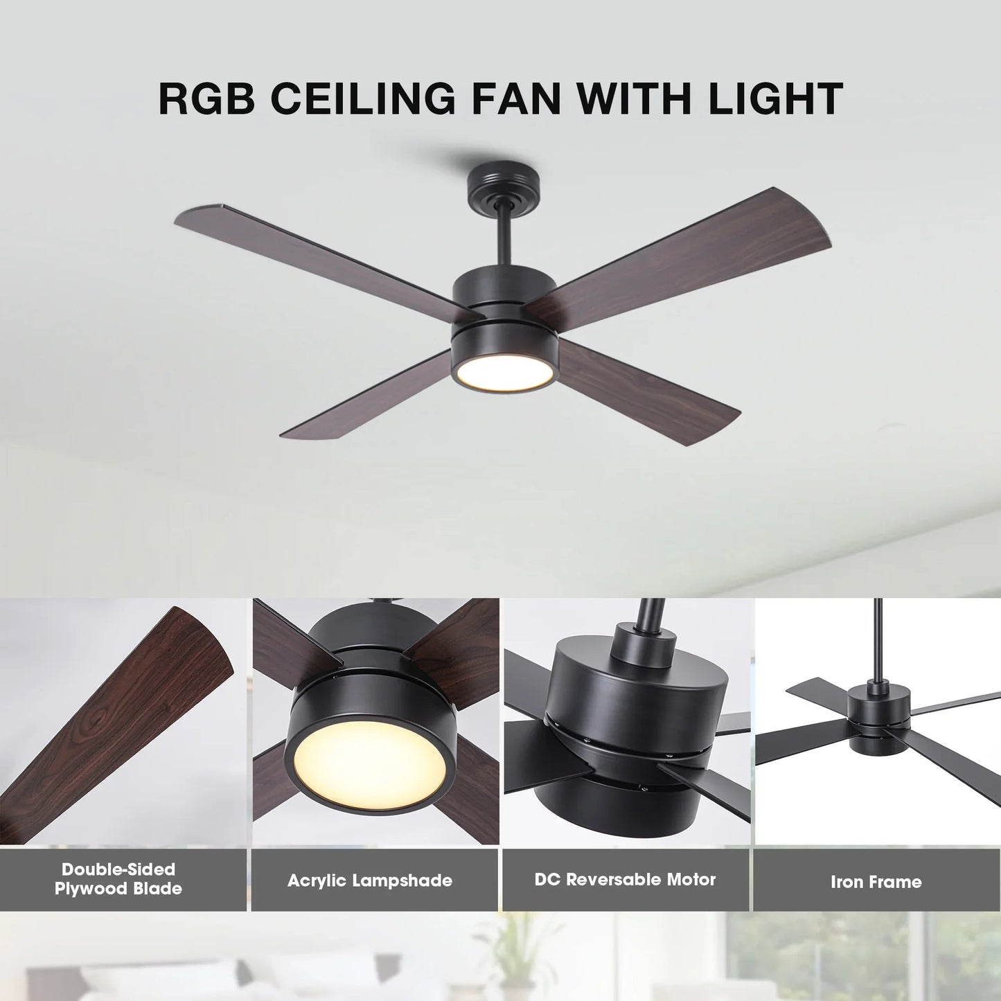 52 Inch Bucholz Industrial Dimmable RGB LED Ceiling Fan with Remote and APP Control