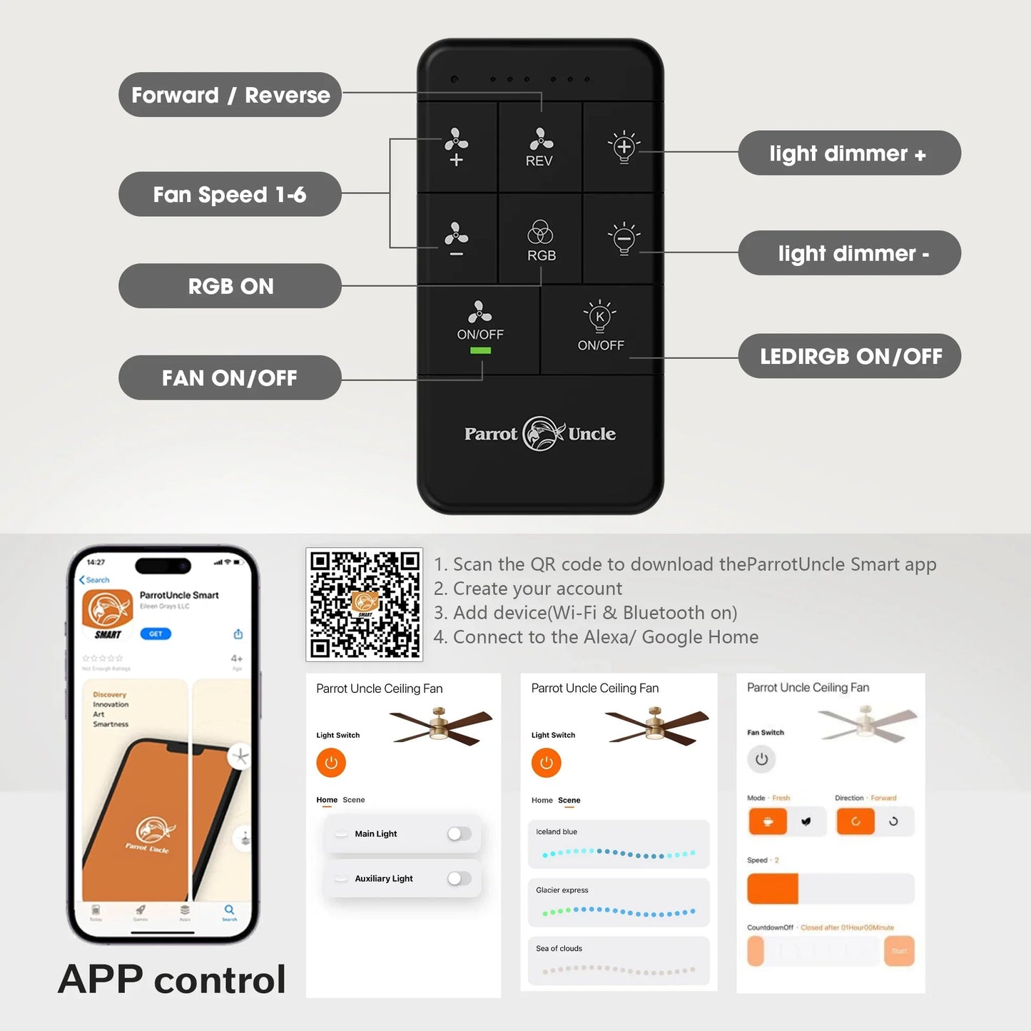 52 Inch Bucholz Industrial Dimmable RGB LED Ceiling Fan with Remote and APP Control