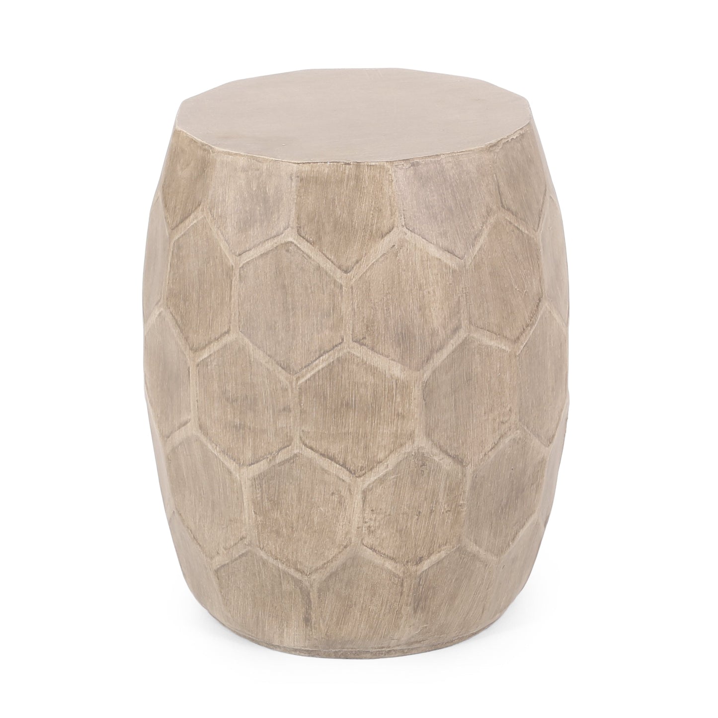 Boho Outdoor Lightweight Concrete Side Table with Honeycomb Pattern in Natural Finish, Magnesium Oxide, 15.25 x 15.25 x 18.25 inches