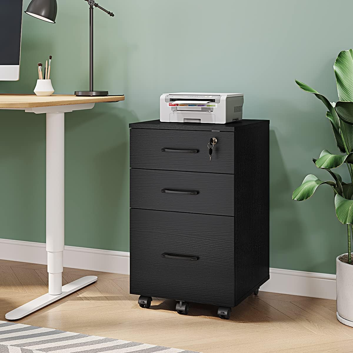 3 Drawer Wood Mobile File Cabinet With Wheels Black Under Desk Office Storage For Home Office Use