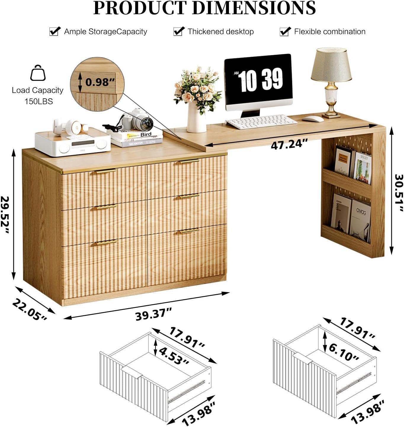 Oak Forty Seven Inch L Shaped Corner Desk With Drawers