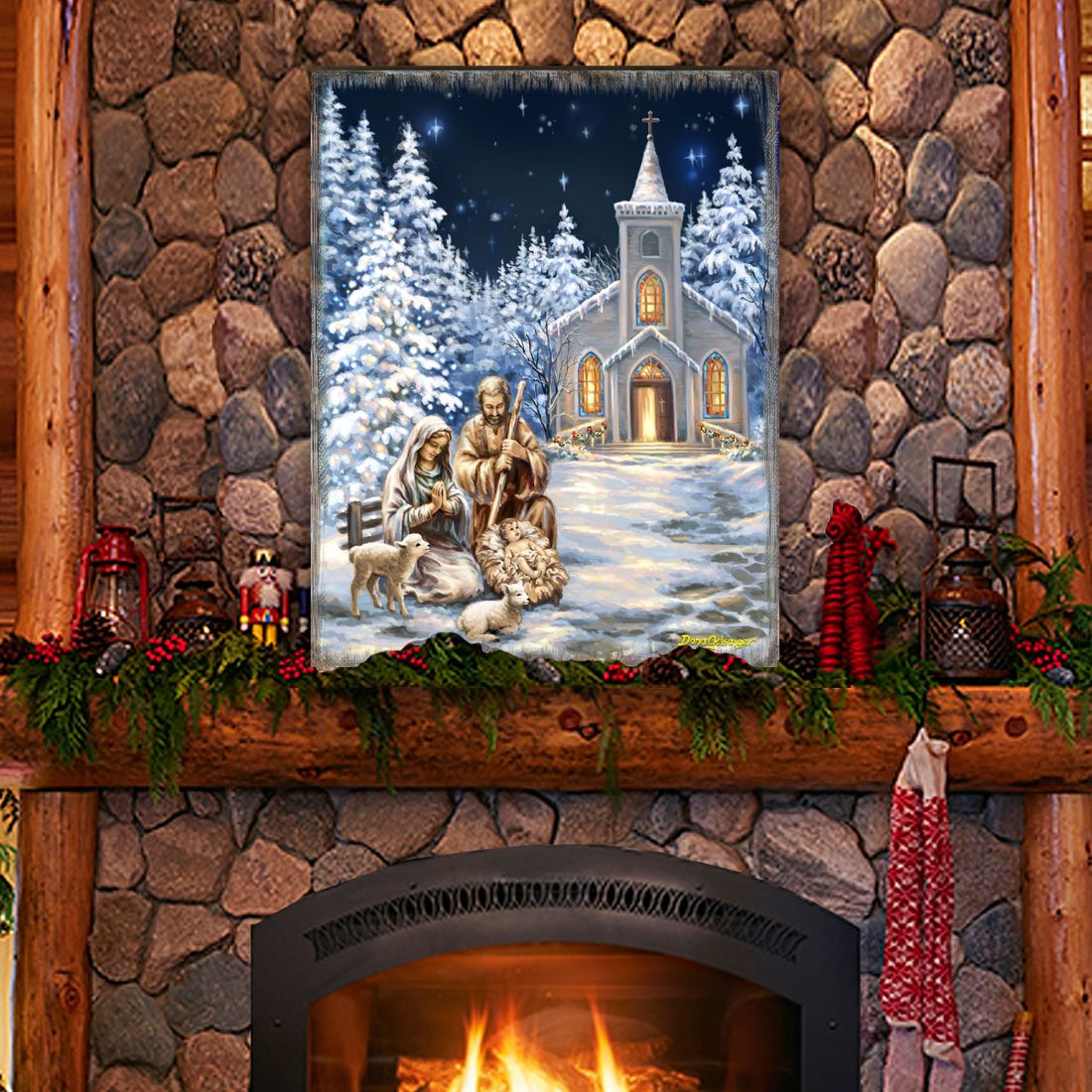 Nativity at the Chapel Night Sky Wooden Wall Art by D. Gelsinger - Nativity Holiday Decor - 95672B-DG