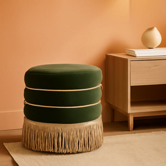 Olive Performance Velvet Round Ottoman With Fringe