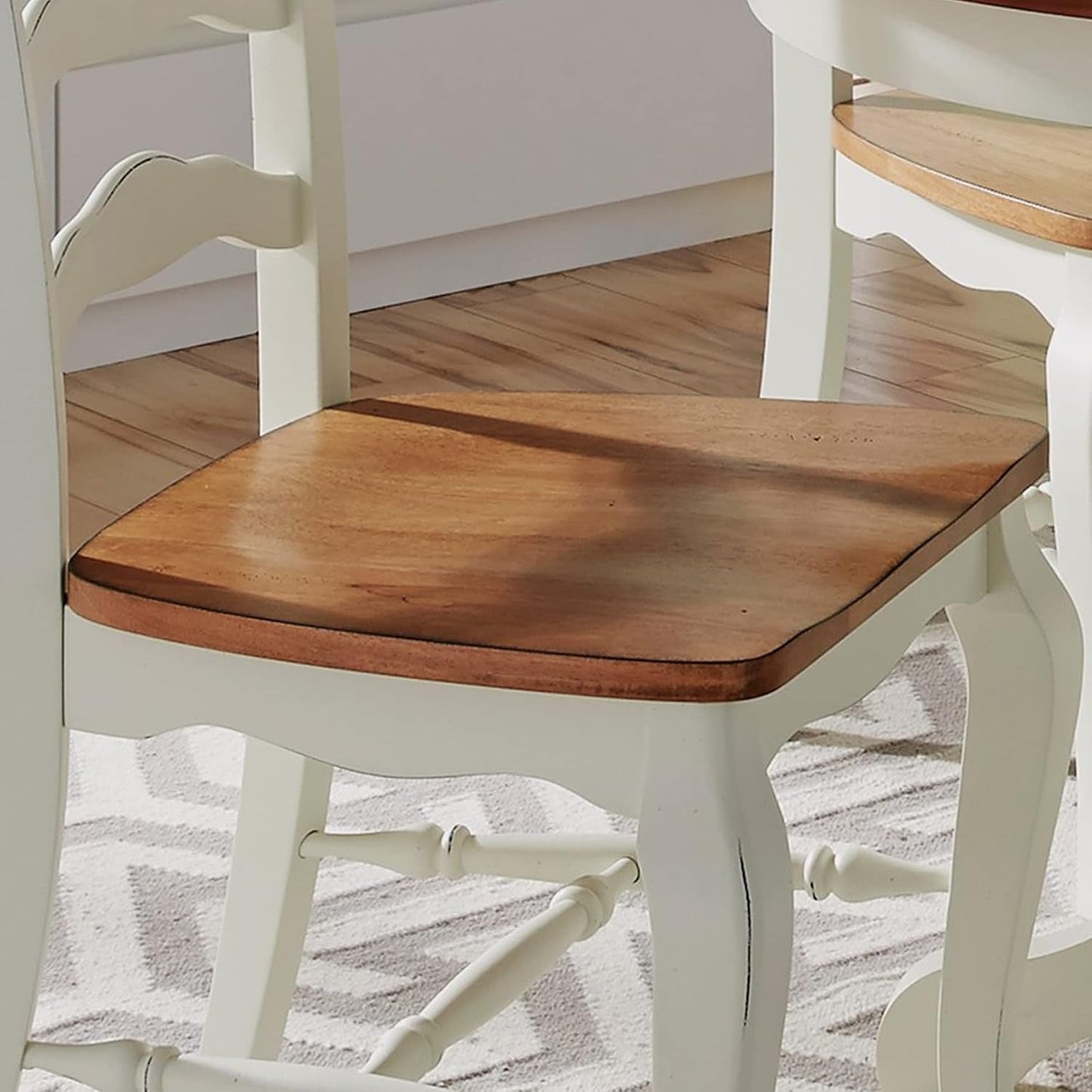 French Countryside Oak And White Pair Of Dining Chairs With Distressed Finish