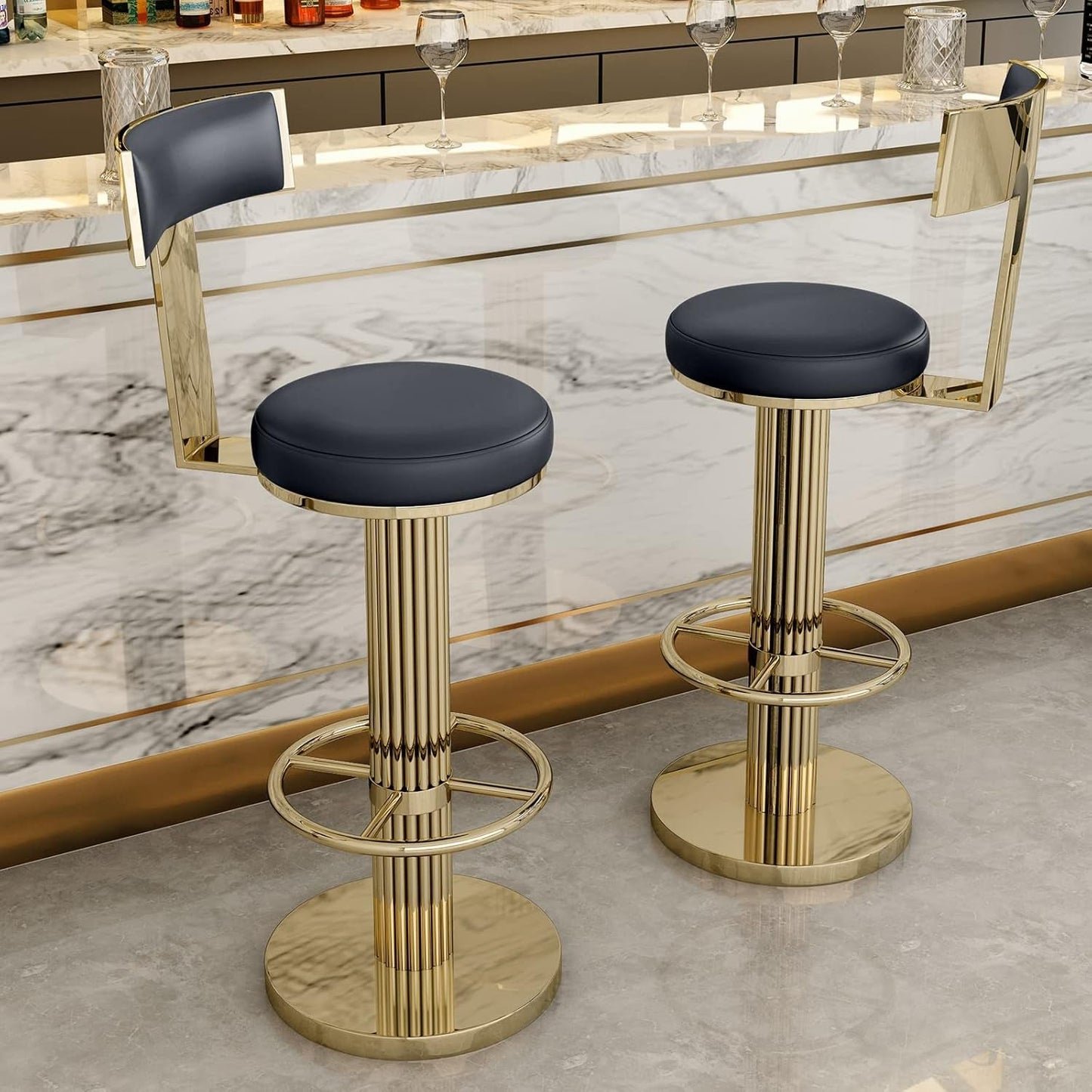 Black Gold Swivel Bar Stool With Backrest And Adjustable