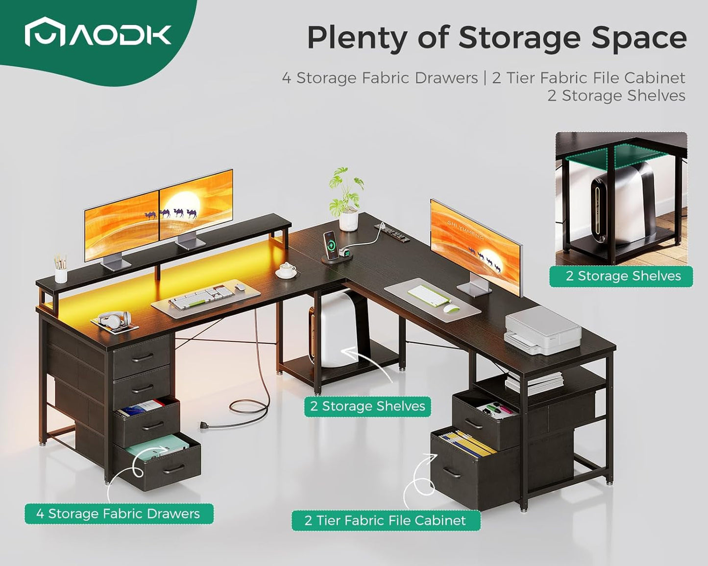 66 Inch L Shaped Computer Desk With LED Lights And Power Outlet