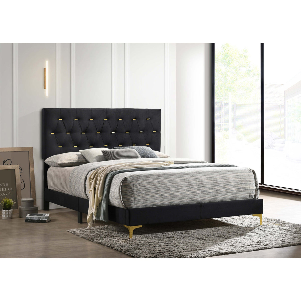 Lexie Black/Gold Diamond Tufted Eastern King Panel Bed