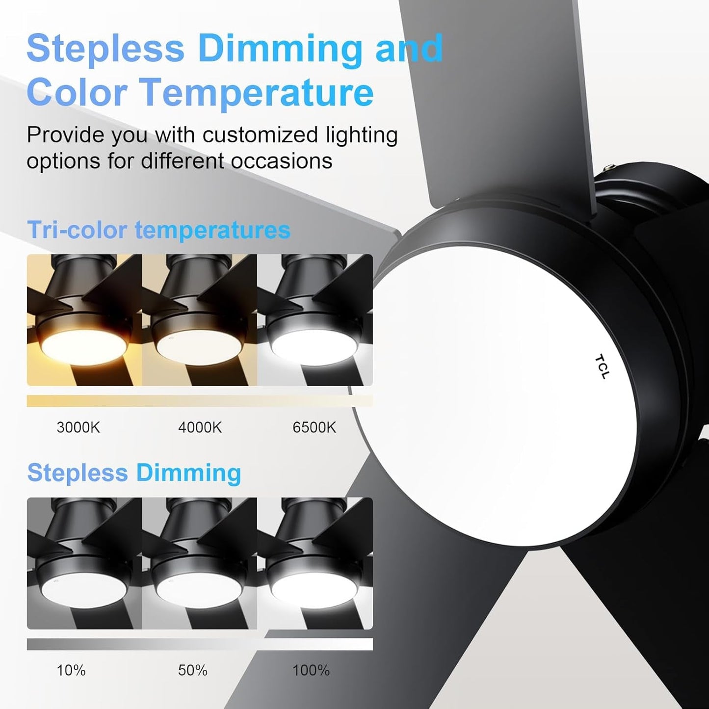 Stepless Dimming and Color Temperature options for 52 Inch Black Flush Mount Ceiling Fan With Dimmable Lights.