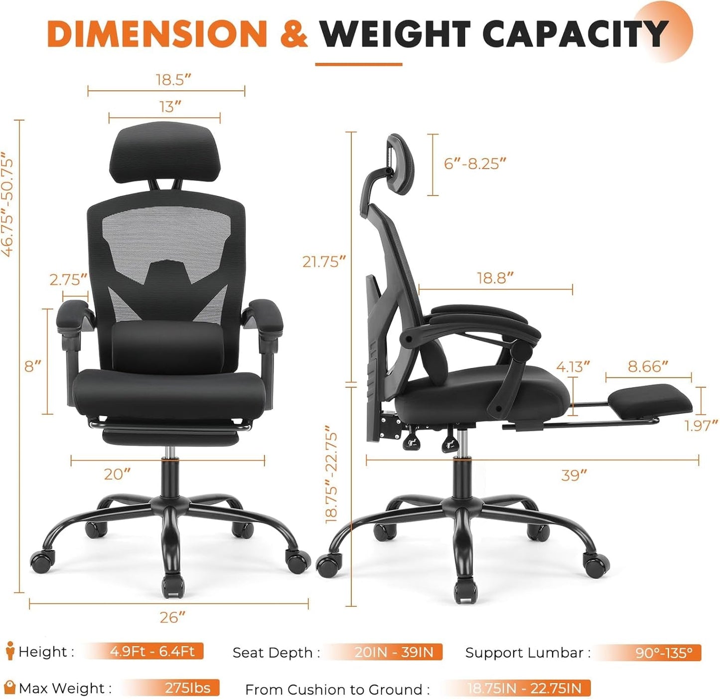 Black Ergonomic Office Desk Chair With Lumbar Support