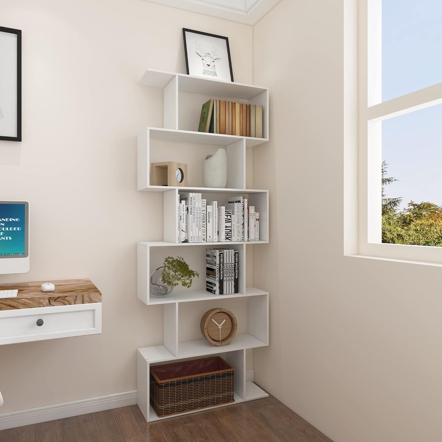 S Shaped Bookshelf White 6 Tier Display Bookcase Office