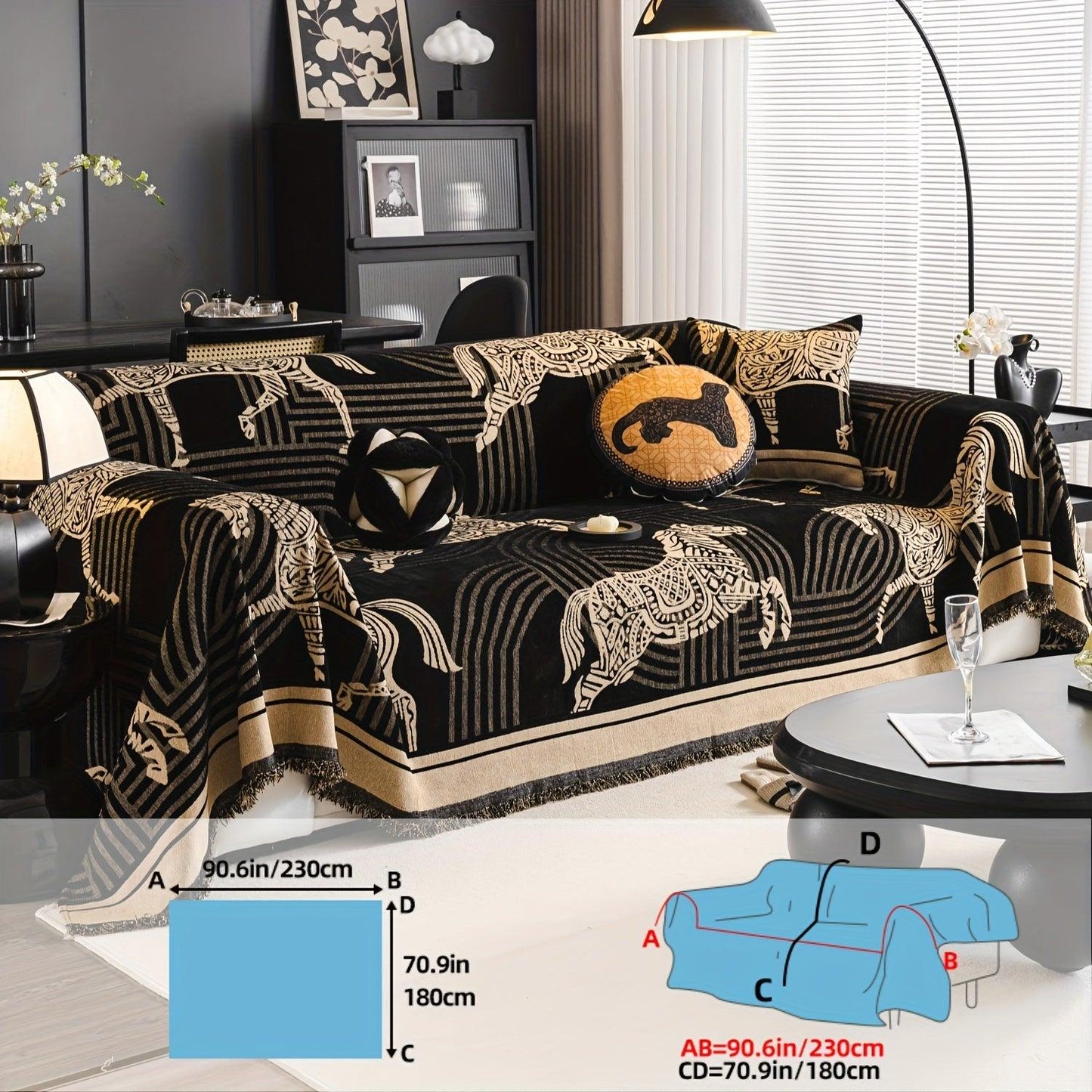 Luxurious Chenille Horse Design Sofa Cover Decor in Orange & Green