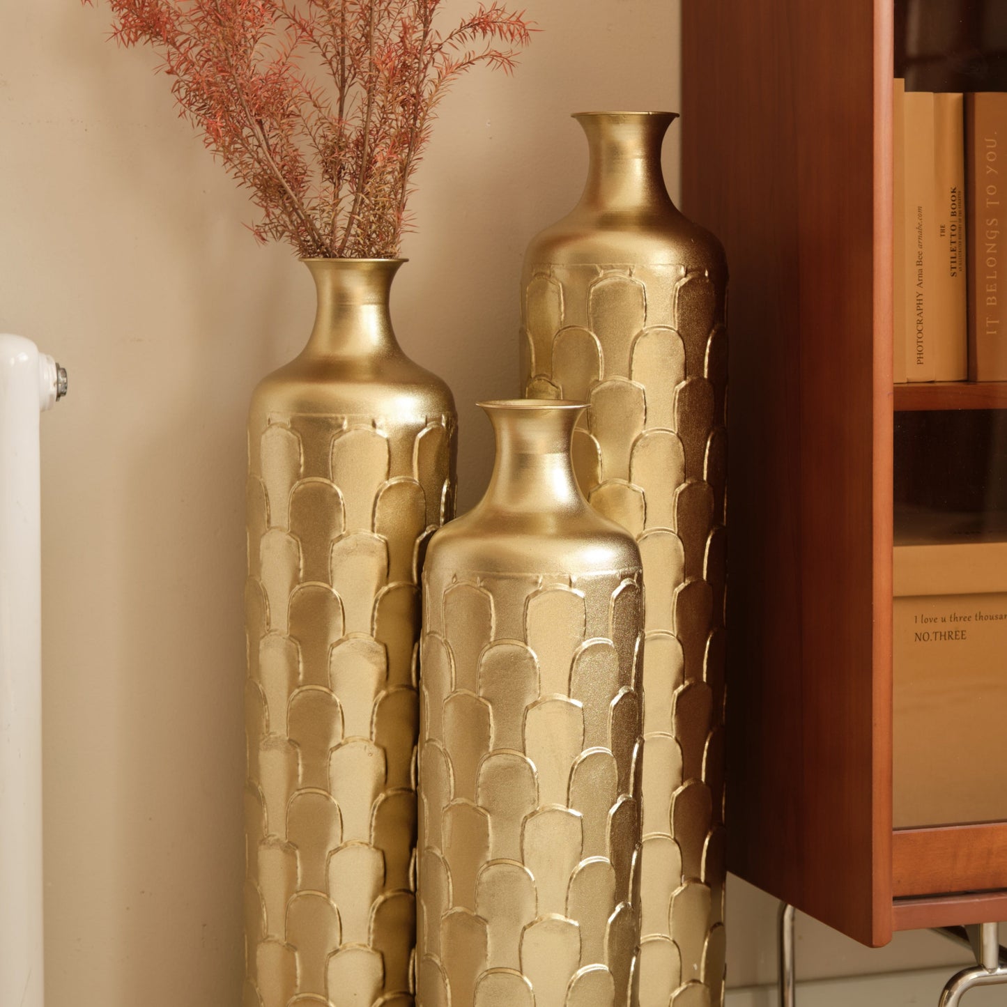 Floor Metal Vases Decorated White Metal Vases Set of 3 Gorgeous Home Decoration Large Glazed Metal Vases 25.2in/29.33in/34.25in Height