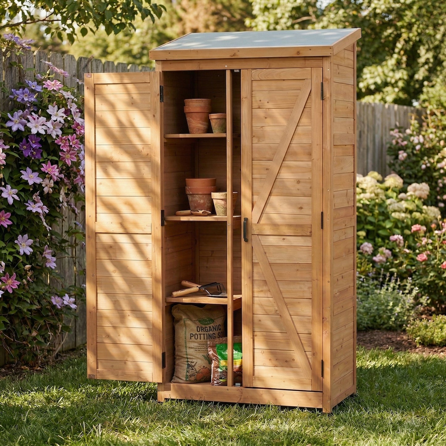 Outdoor Wooden Storage Shed with Metal Top Tall Vertical Tool Cabinet