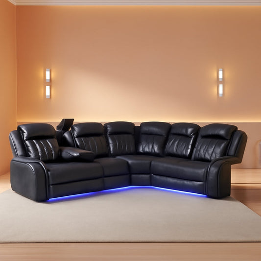 Power Recliner Sectional Sofa Set In Black With Led Lights