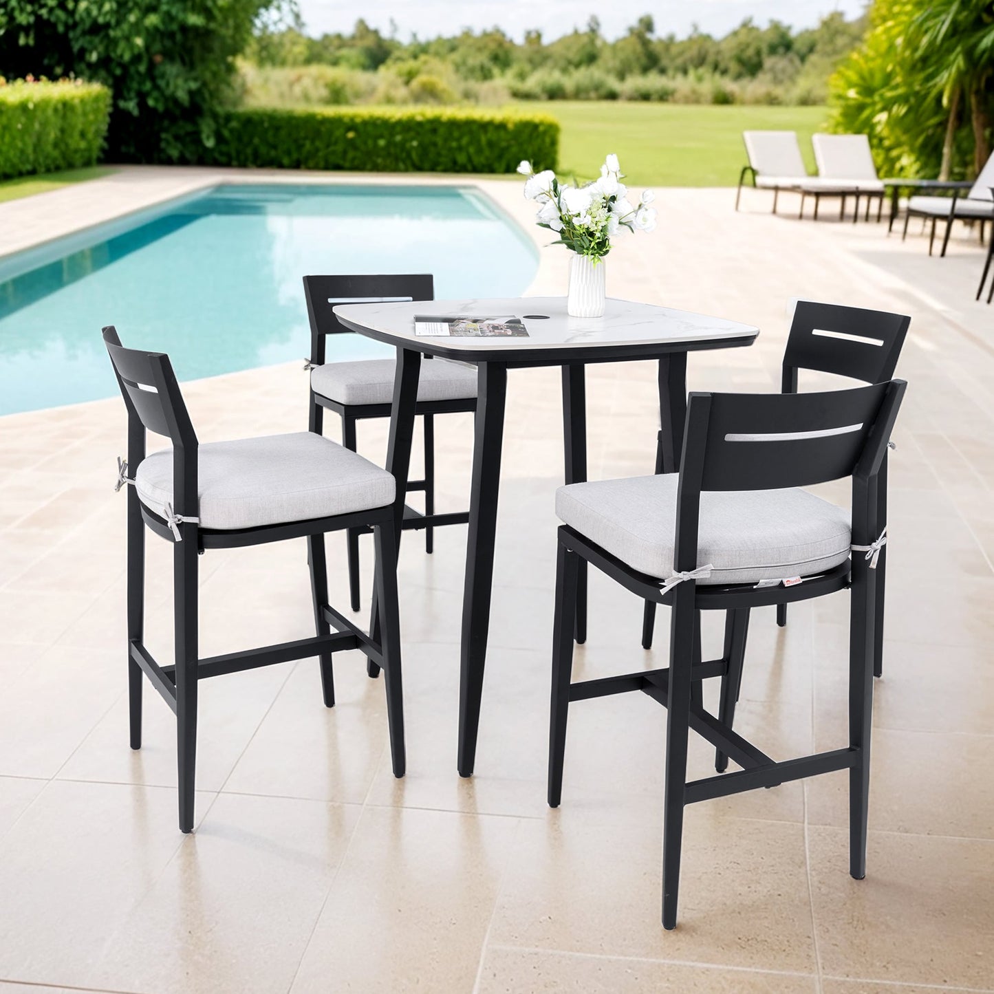 Modern 5PC Outdoor Patio Bar Set, Rounded Square 35.4'' Sintered Stone Table & 4 Aluminum Bar Stools