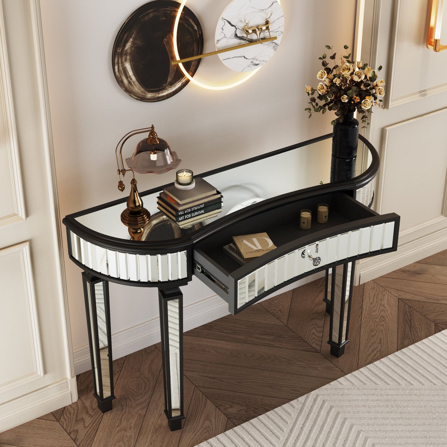 47' Half-Moon Mirrored Console Table with Fluted Glass & Crystal Knob Drawer - Silver Entryway Vanity Desk for Bedroom/Dressing Room(Black+Sliver)