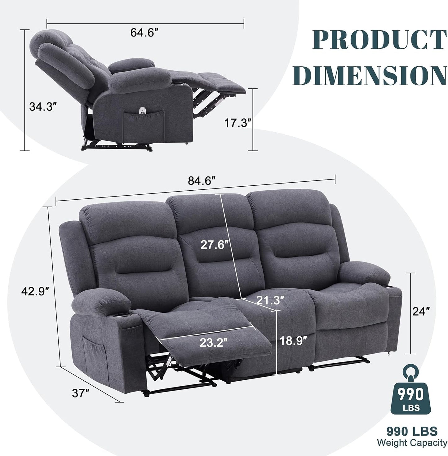 Oversized Charcoal Grey Recliner Sofa With USB Port And Heated Massage