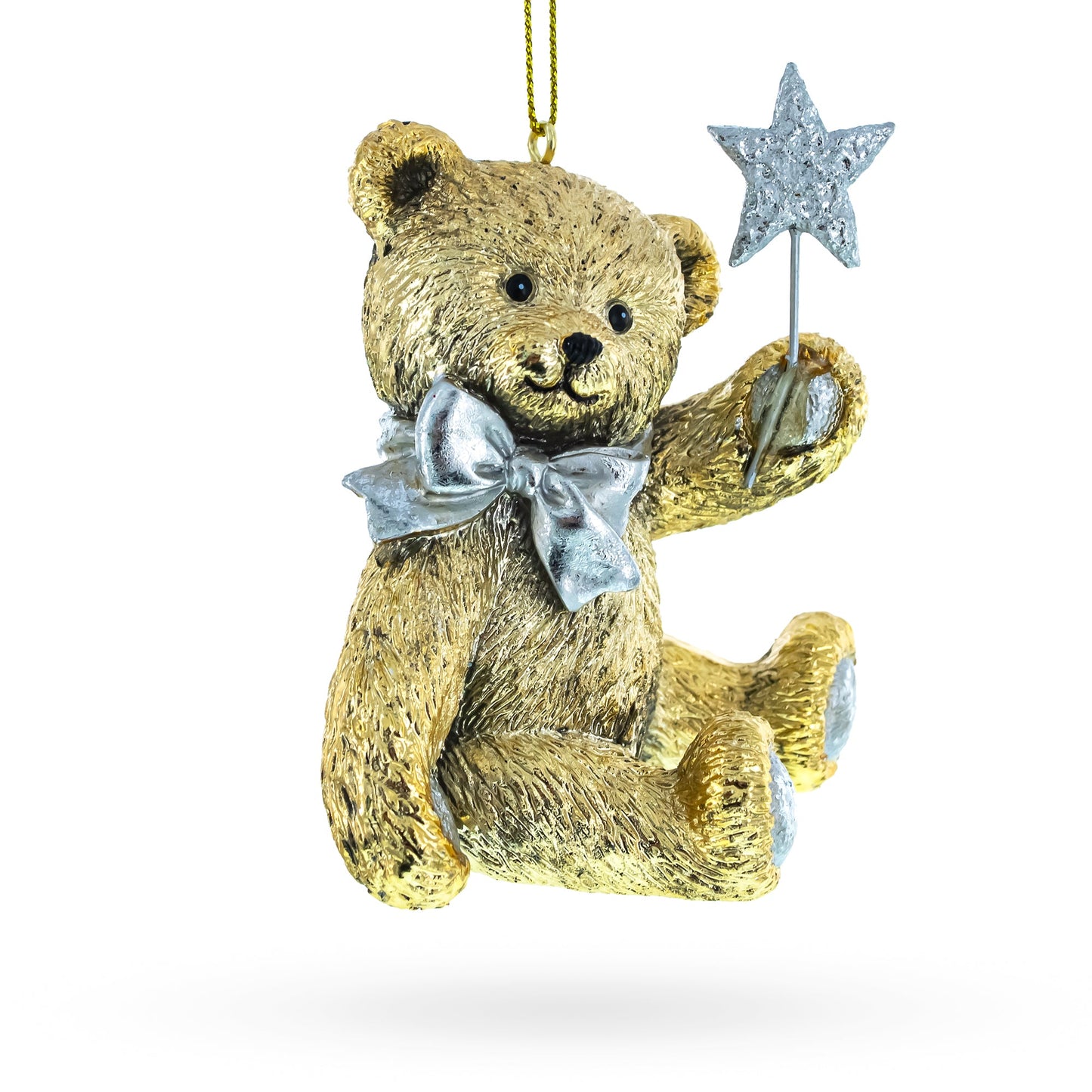 Gold Teddy Bear with a Sparkling Red Bow -Resin Christmas Ornament