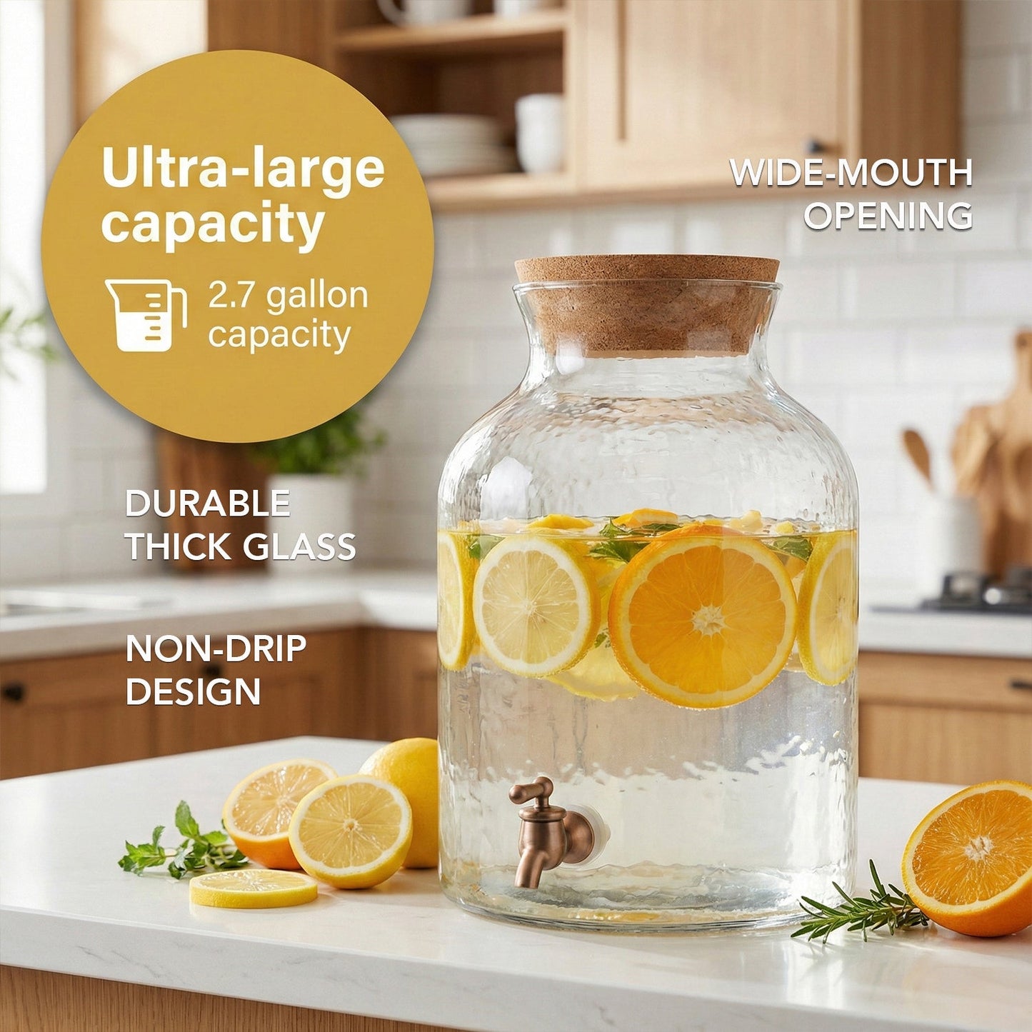 Hammered Glass Beverage Dispenser 2.7gal