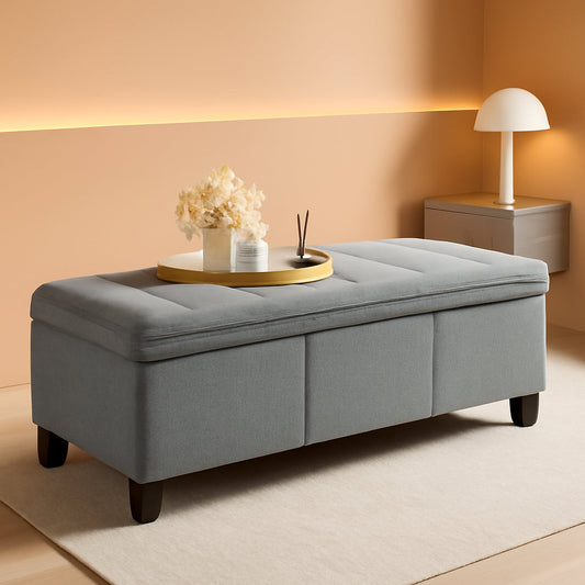 Forty Seven Inch Storage Ottoman Bench Linen Gray Fabric