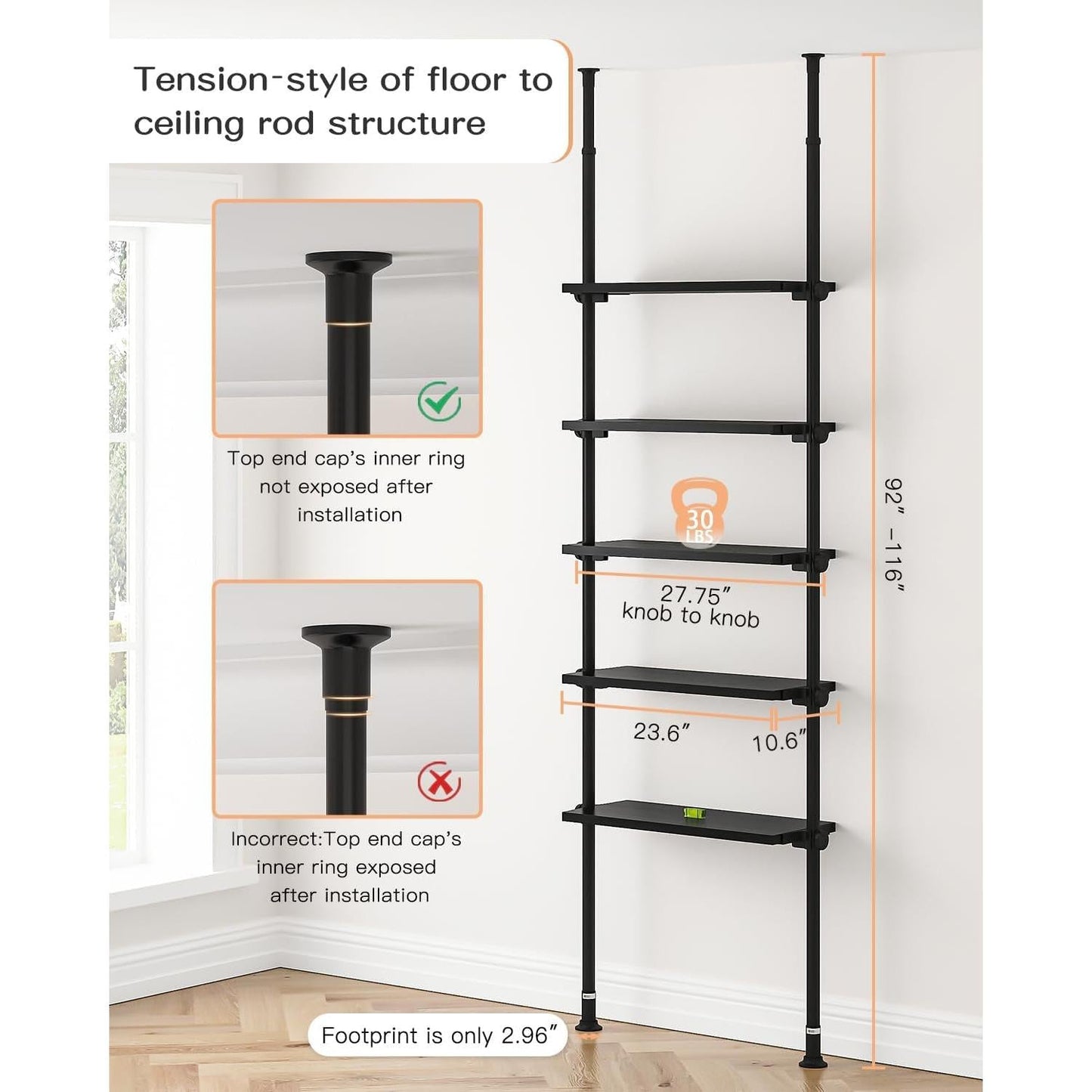 5 Tier Narrow Ladder Bookshelf With Floor To Ceiling Mount