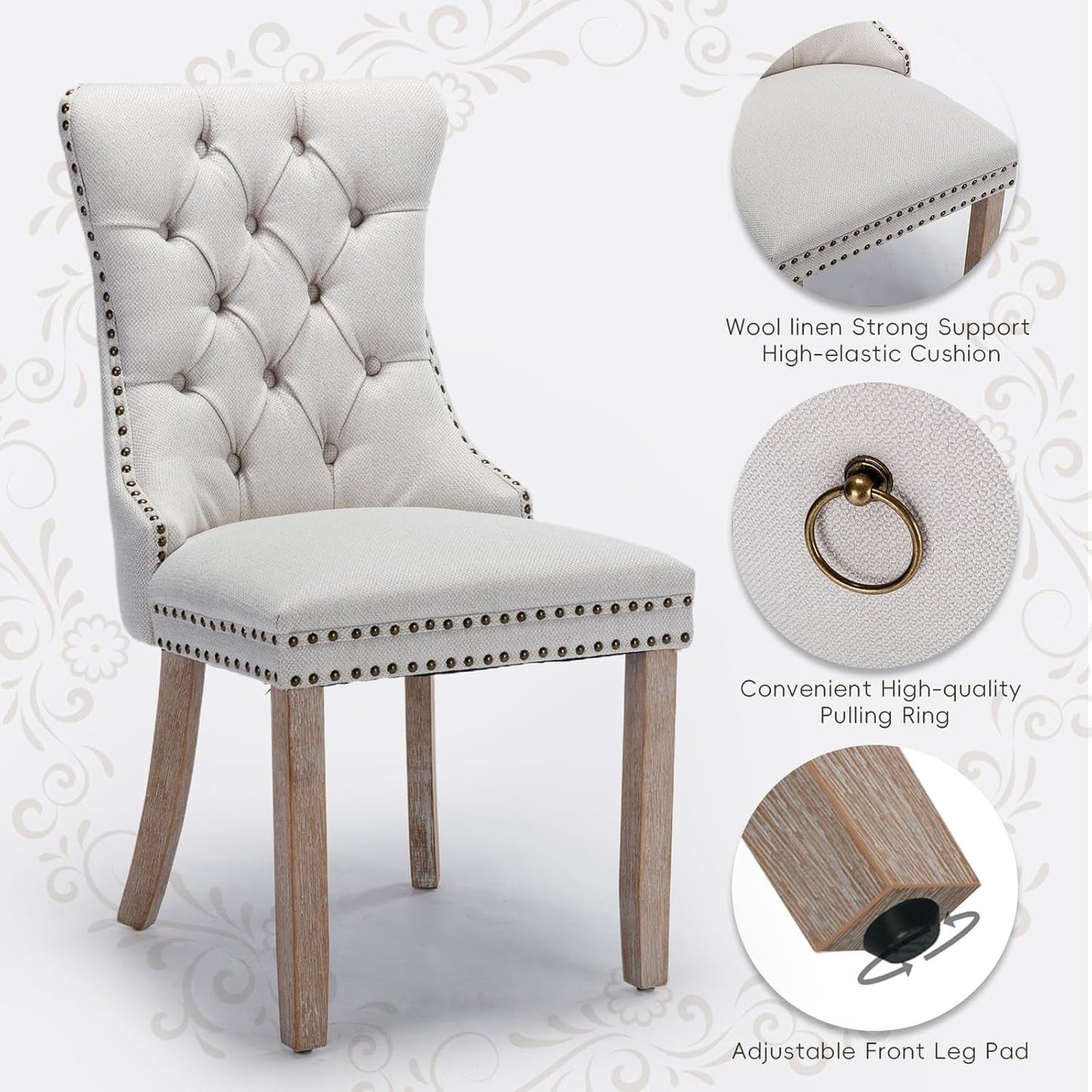 Beige Linen Dining Chairs Set Of 4 With Nailhead Trim