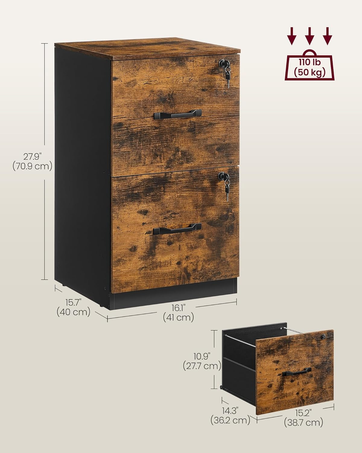 Two Drawer File Cabinet With Lock Printer Stand For A4 And Letter Size Files Rustic Brown And Black