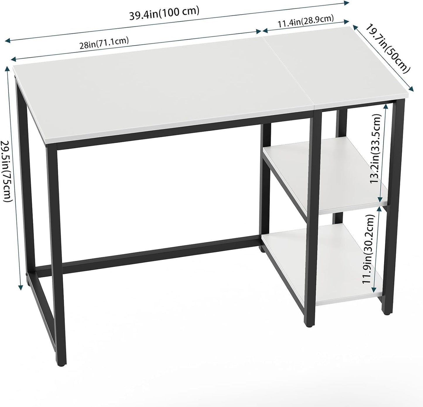 40 Inch White Computer Desk With 2 Tier Shelves Home Office
