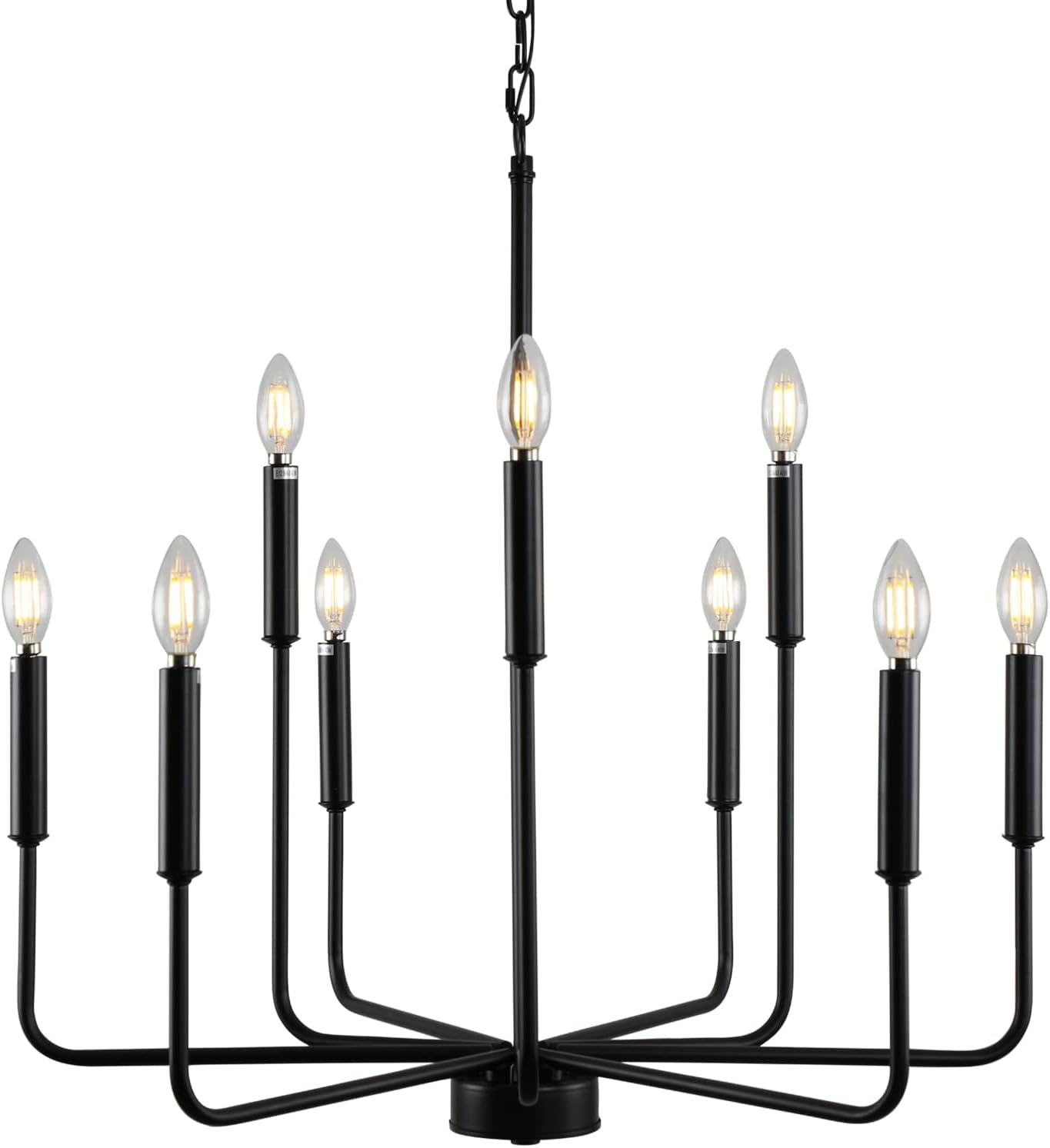 Black Farmhouse Chandelier 9 Light Dining Room Rustic showcasing a black metal frame and candle-style lights.