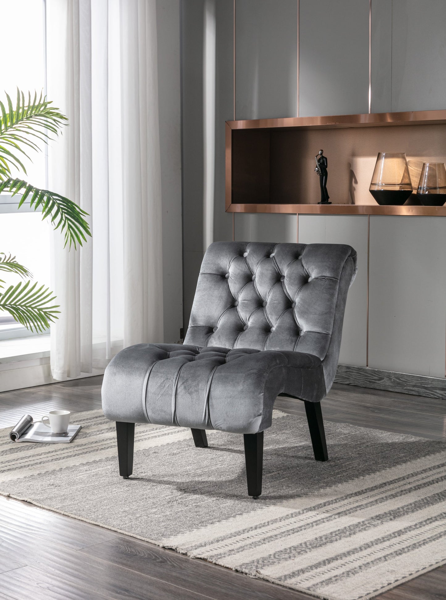 COOLMORE Modern Velvet Armless Accent Living Room Chair / Leisure Chair,Upholstered Fabric Button Comfortable Chair with Wooden Legs for Bedroom, Living Room, Office (Silver Velvet)