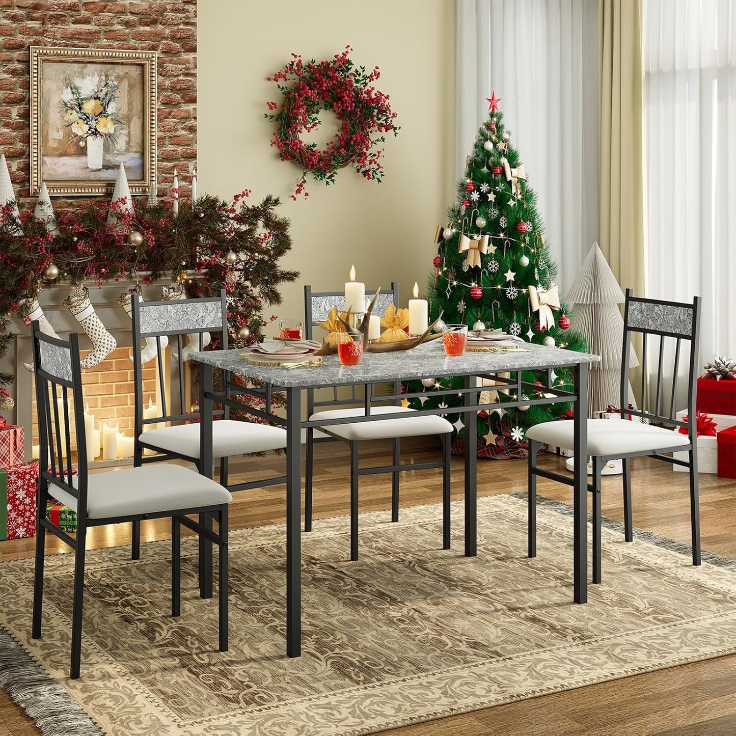 Grey Faux Marble Dining Table Set For 4 With Padded Chairs