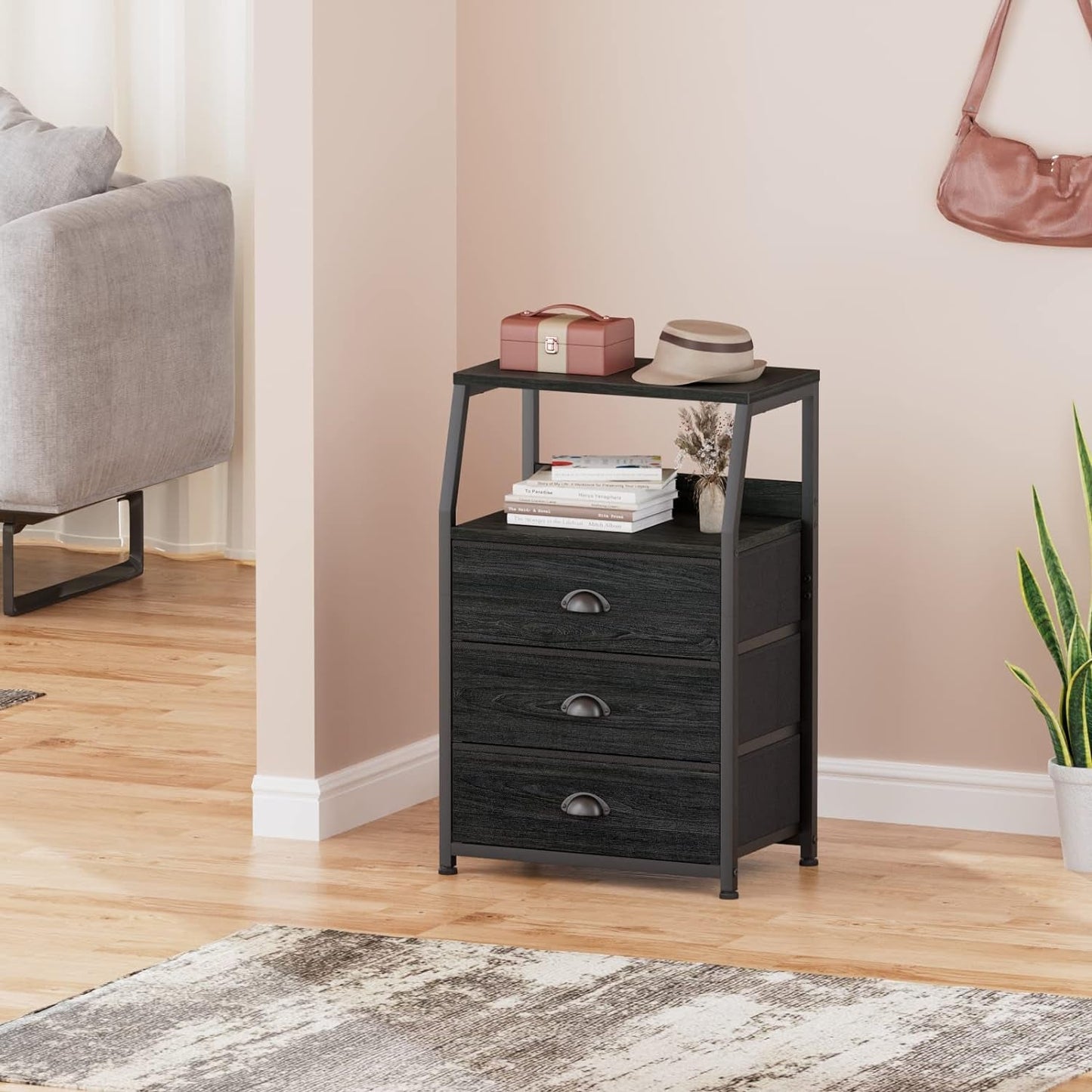 Black Night Stand With 3 Fabric Drawers And 2 Tier Shelf