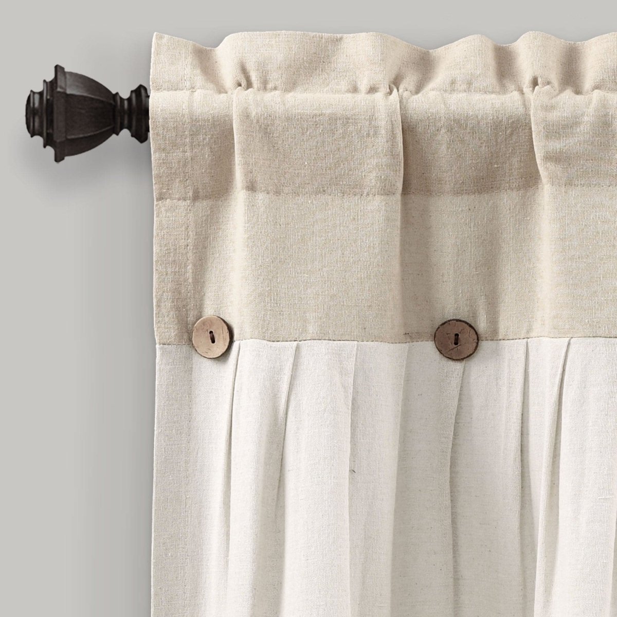 Linen Button Valance featuring pleats and wooden buttons, ideal for adding farmhouse style to any room.