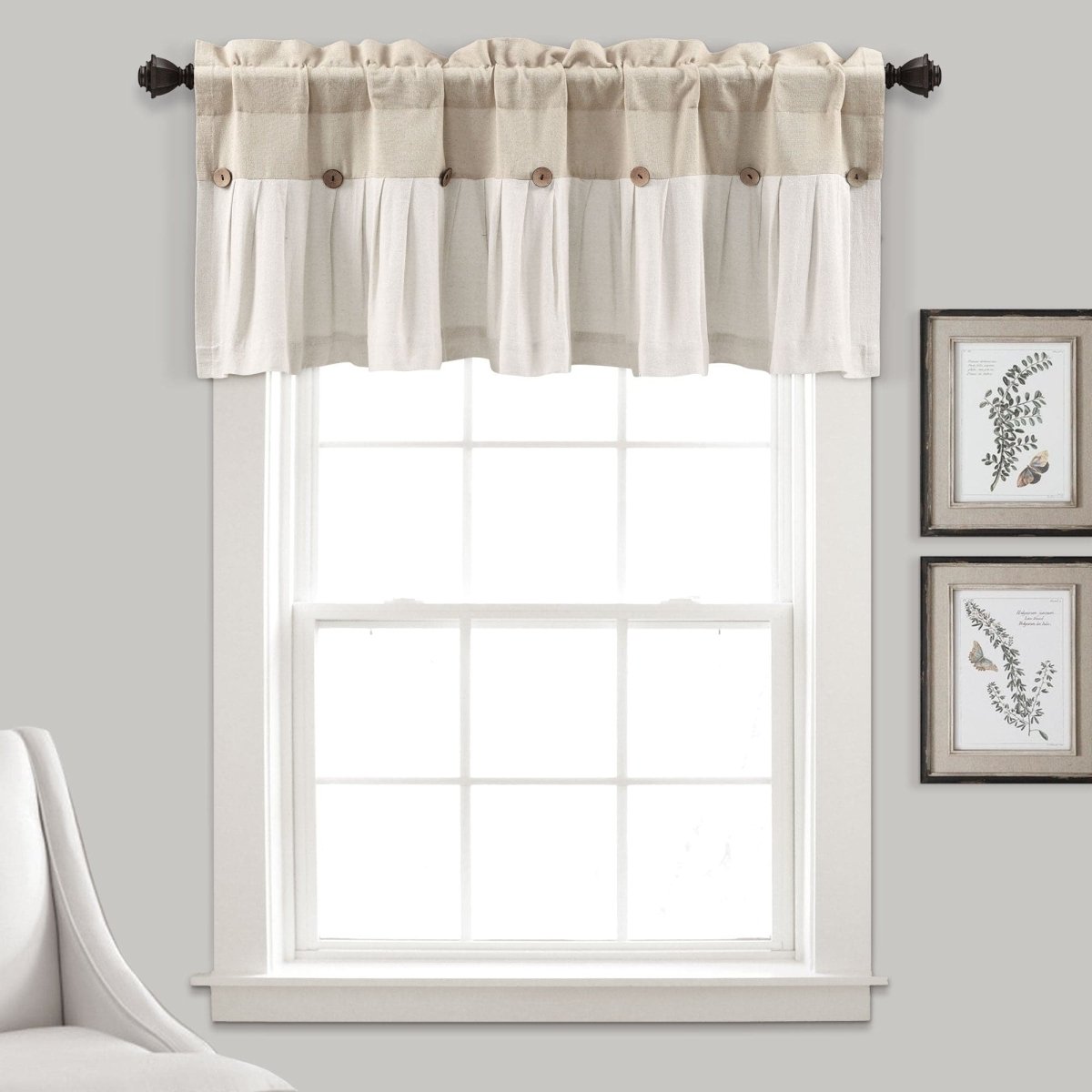 Linen Button Valance hanging above a window, featuring pleats and buttons for farmhouse chic decor.