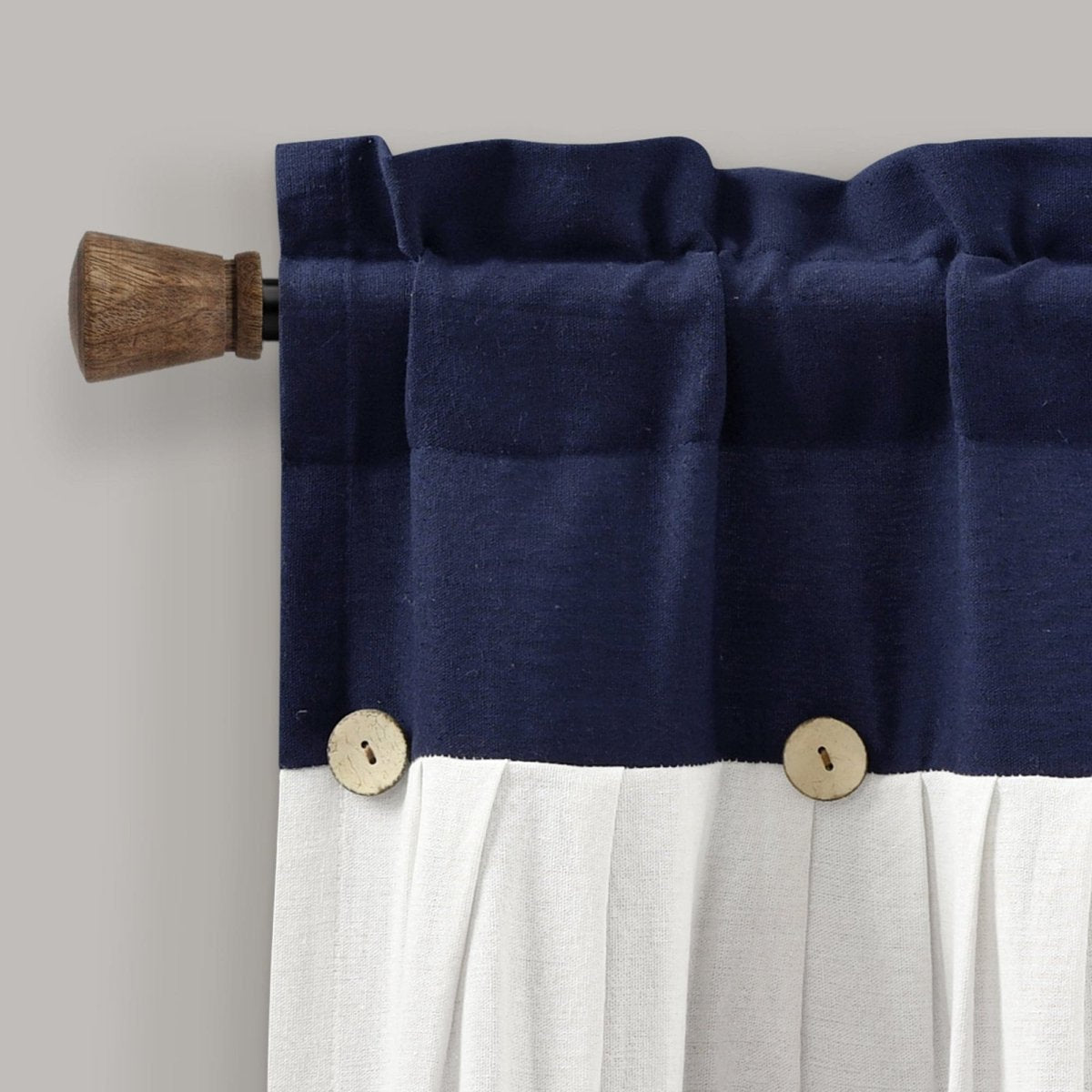 Linen Button Valance featuring navy color blocking and wooden buttons, perfect for farmhouse chic decor.