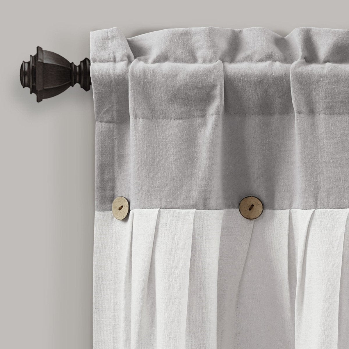 Linen Button Valance featuring pleats and wooden buttons, adding farmhouse elegance to home decor.