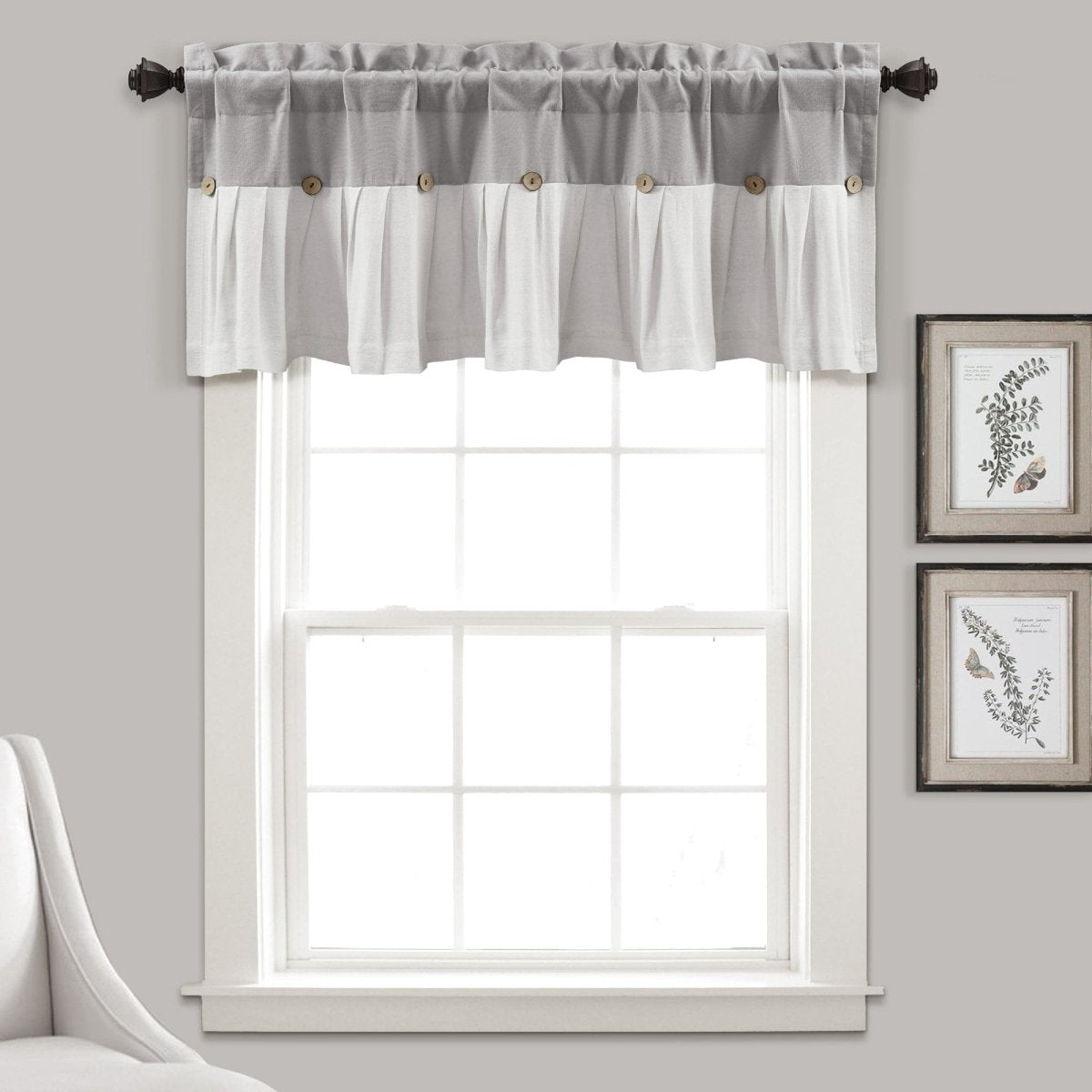 Linen Button Valance adding farmhouse chic style to a window with pleats and buttons in a light gray color.