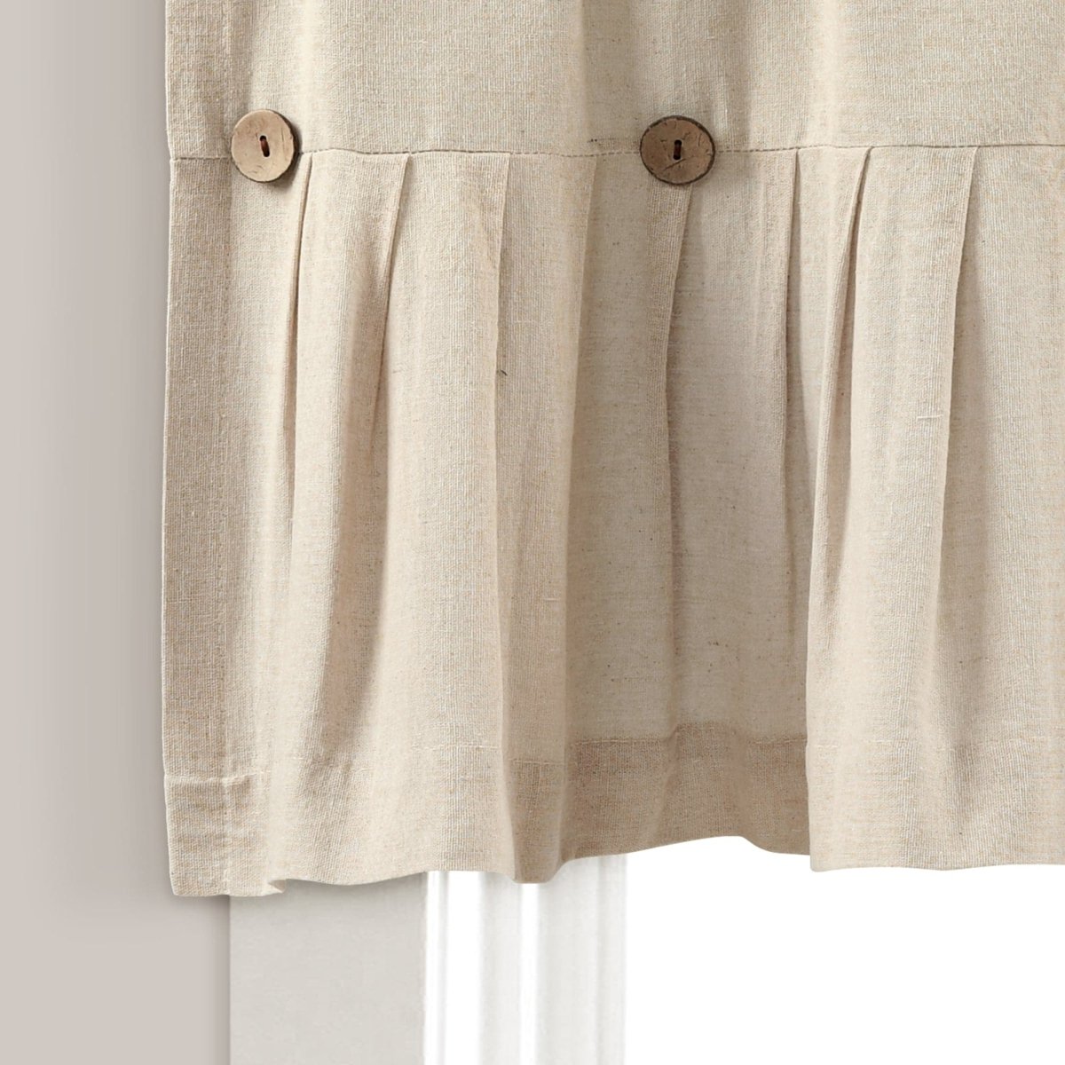 Linen Button Valance featuring elegant pleats and wooden buttons, perfect for a farmhouse chic window decor.