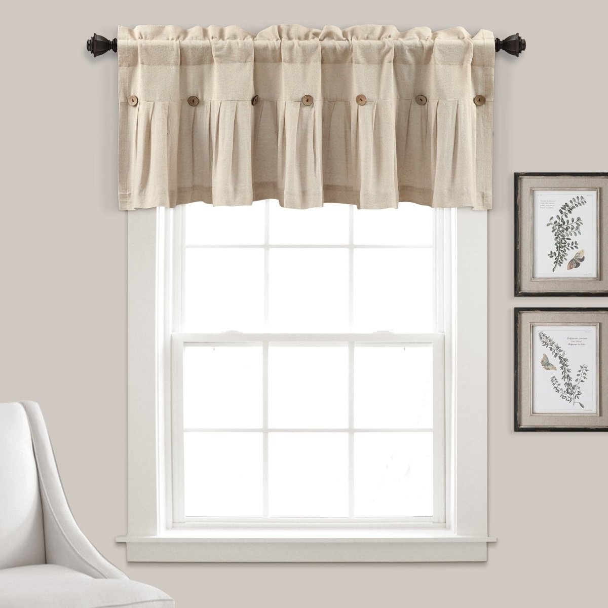 Linen Button Valance featuring pleats and buttons, styled above a sunny window in a farmhouse setting.