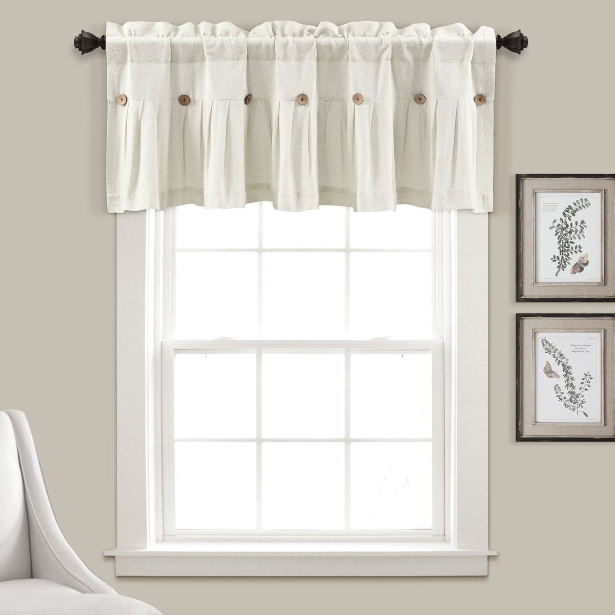Linen Button Valance featuring pleats and buttons, adding farmhouse elegance to a window.