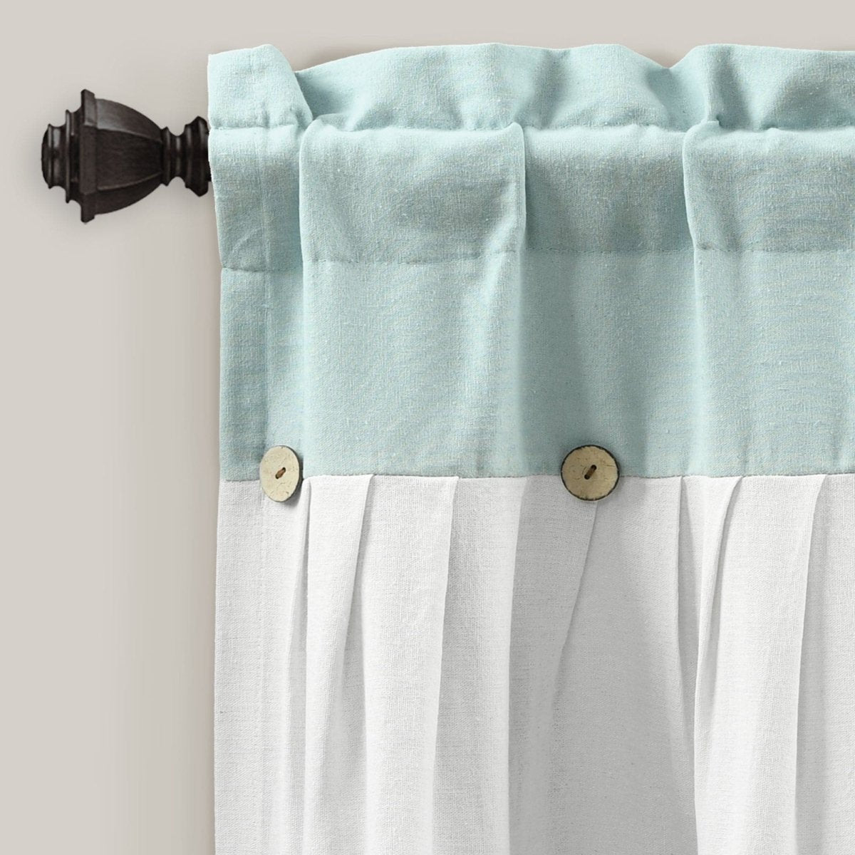 Linen Button Valance featuring a light blue top and white pleated fabric with decorative buttons.
