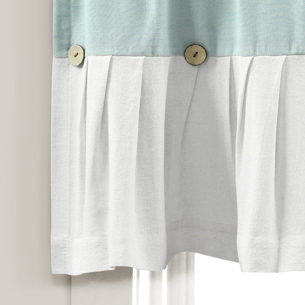 Linen Button Valance showcasing pleats and buttons, perfect for farmhouse-style home decor.