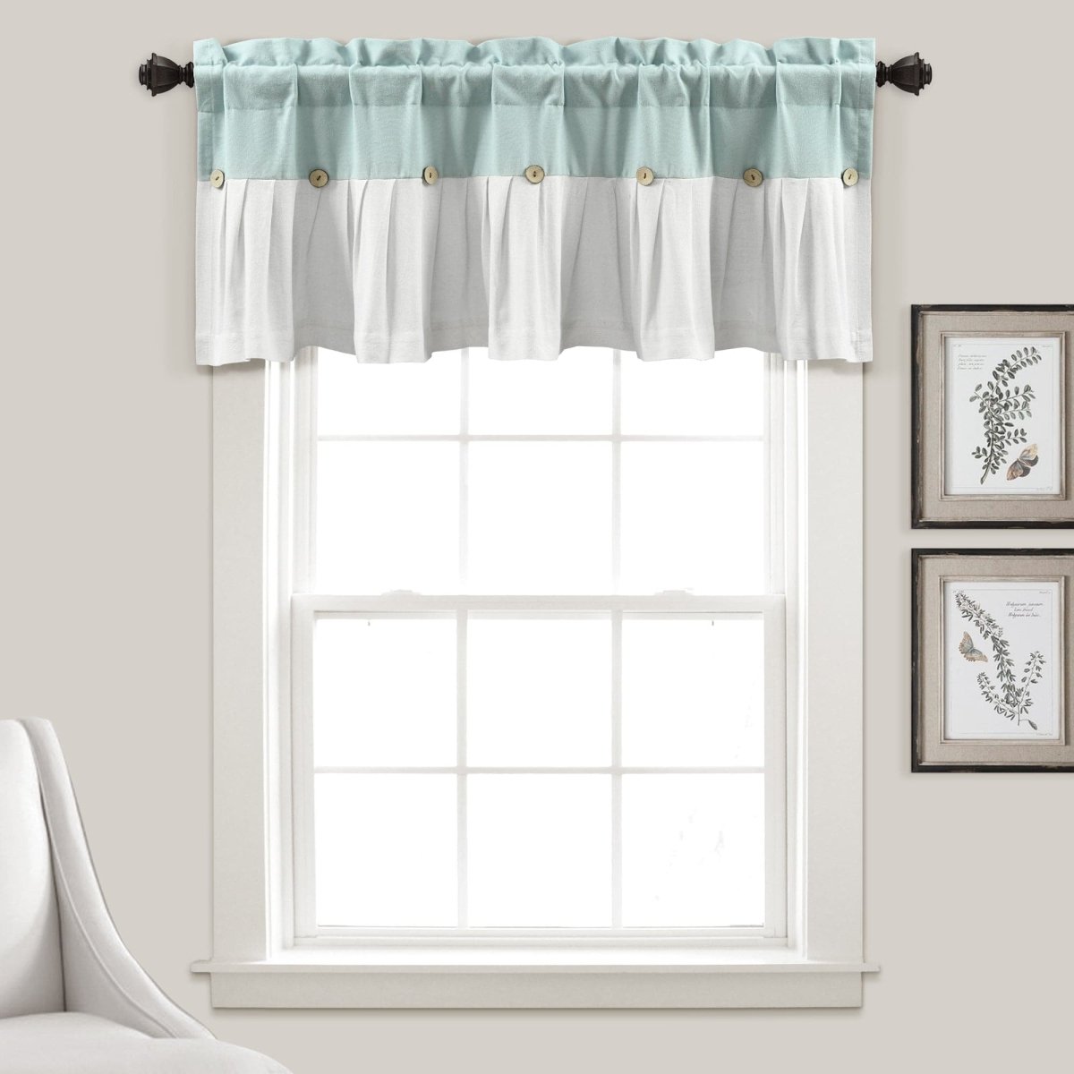 Linen Button Valance in farmhouse style with pleats and buttons, adding elegance to a window with soft colors.