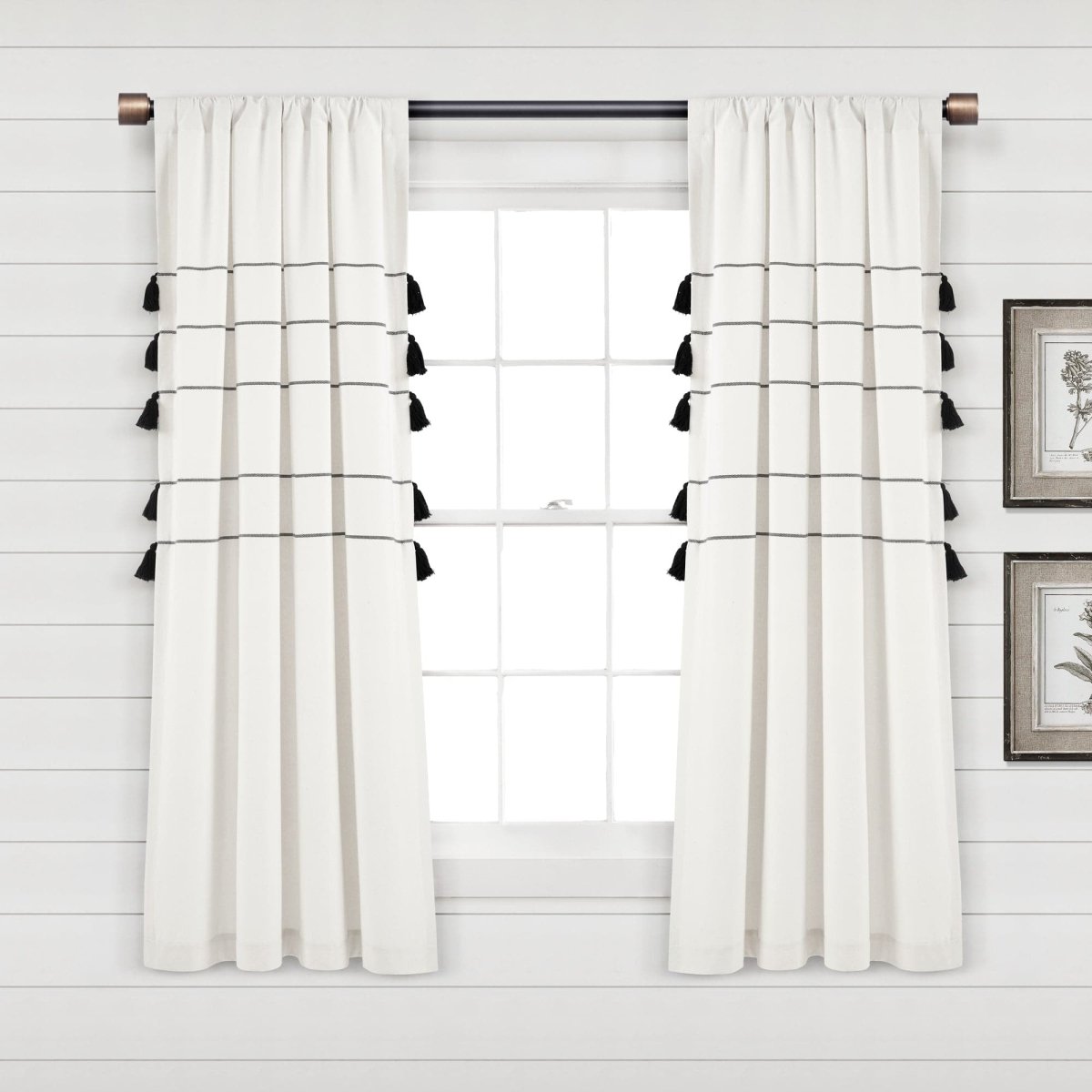 Farmhouse Boho Stripe Woven Tassel Yarn Dyed Recycled Cotton Blend Window Curtain Panel Set