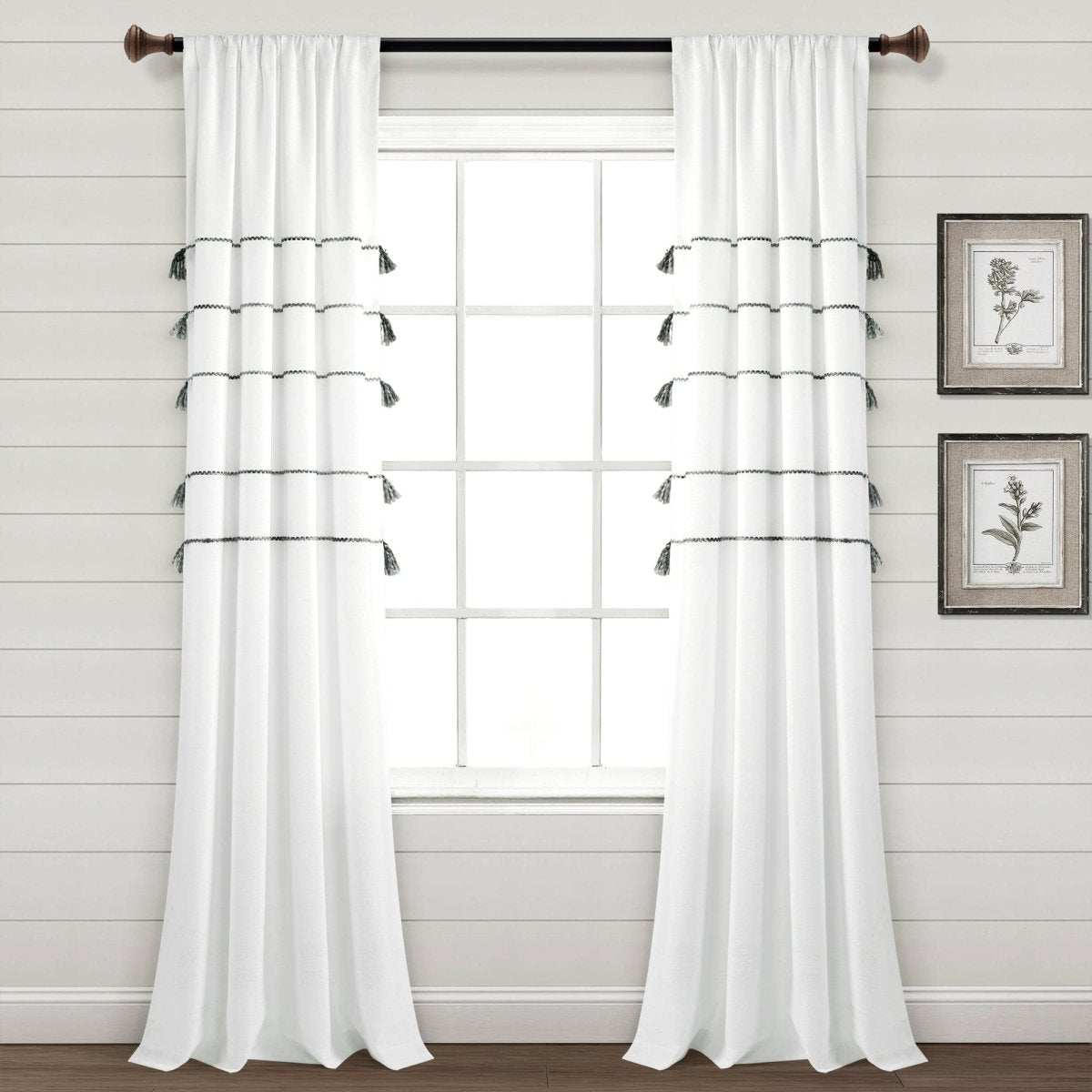 Farmhouse Boho Stripe Woven Tassel Yarn Dyed Recycled Cotton Blend Window Curtain Panel Set